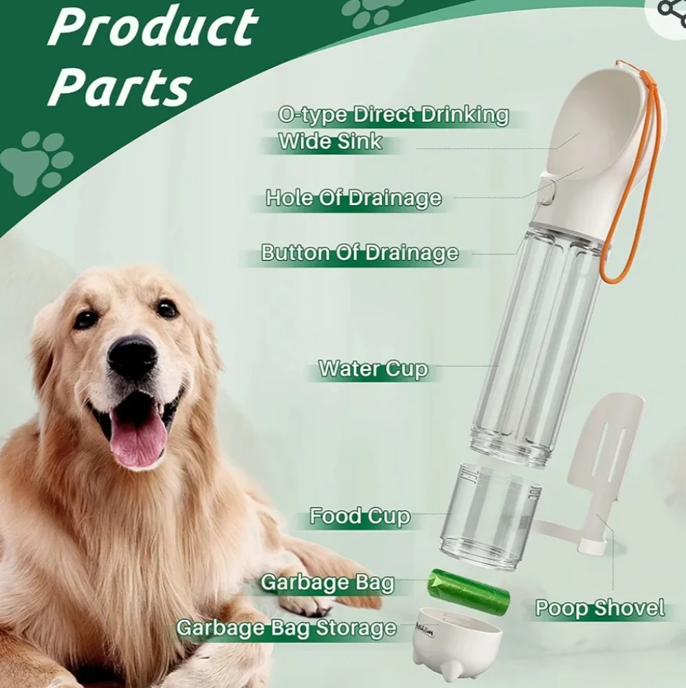 Water, Food Bottle Dispenser and Bag compartment for Cats or Dogs Travel. 500 ml